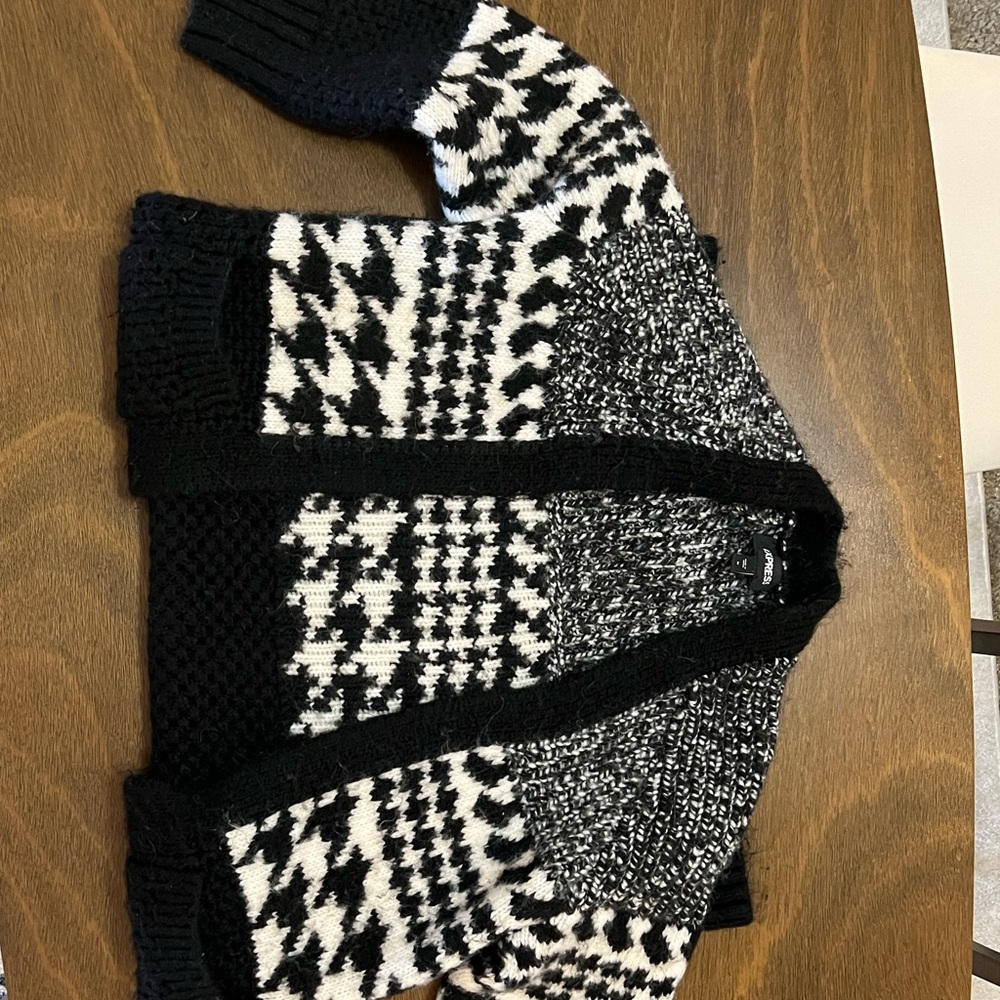 Express Black and White Cardigan Sweater with Bold Patterns